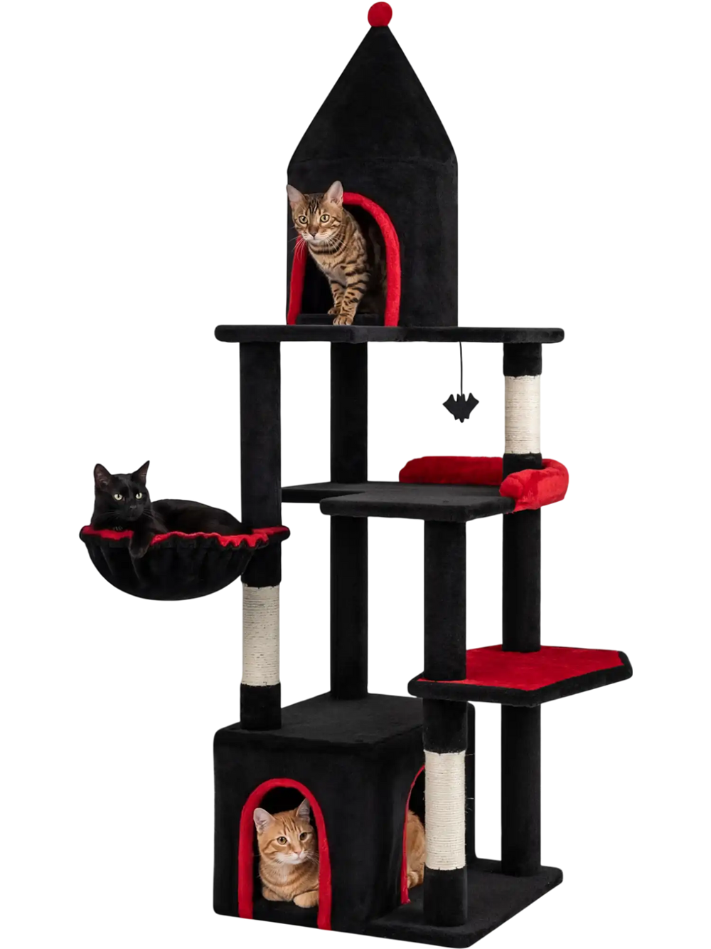 Gothic cat tree in black and red with multiple levels, condos, and sisal posts for large cats over 20 lbs.