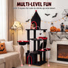 Gothic cat tree in black and red with 5 layers, condo, and bat toy for large cats up to 22 lbs, perfect for climbing.