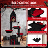 Gothic cat tree with black-and-red design, featuring a condo, padded platforms, and bat-shaped hanging toy for large.