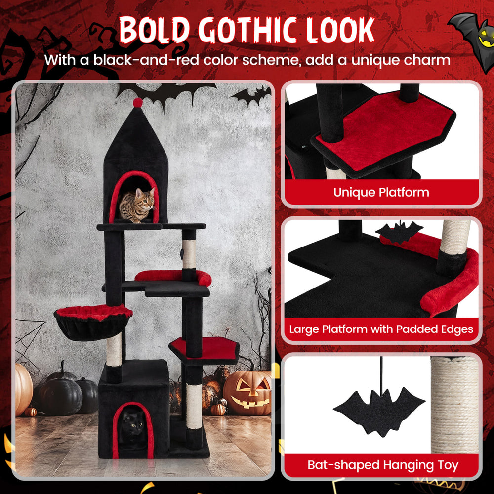Gothic cat tree with black-and-red design, featuring a condo, padded platforms, and bat-shaped hanging toy for large.