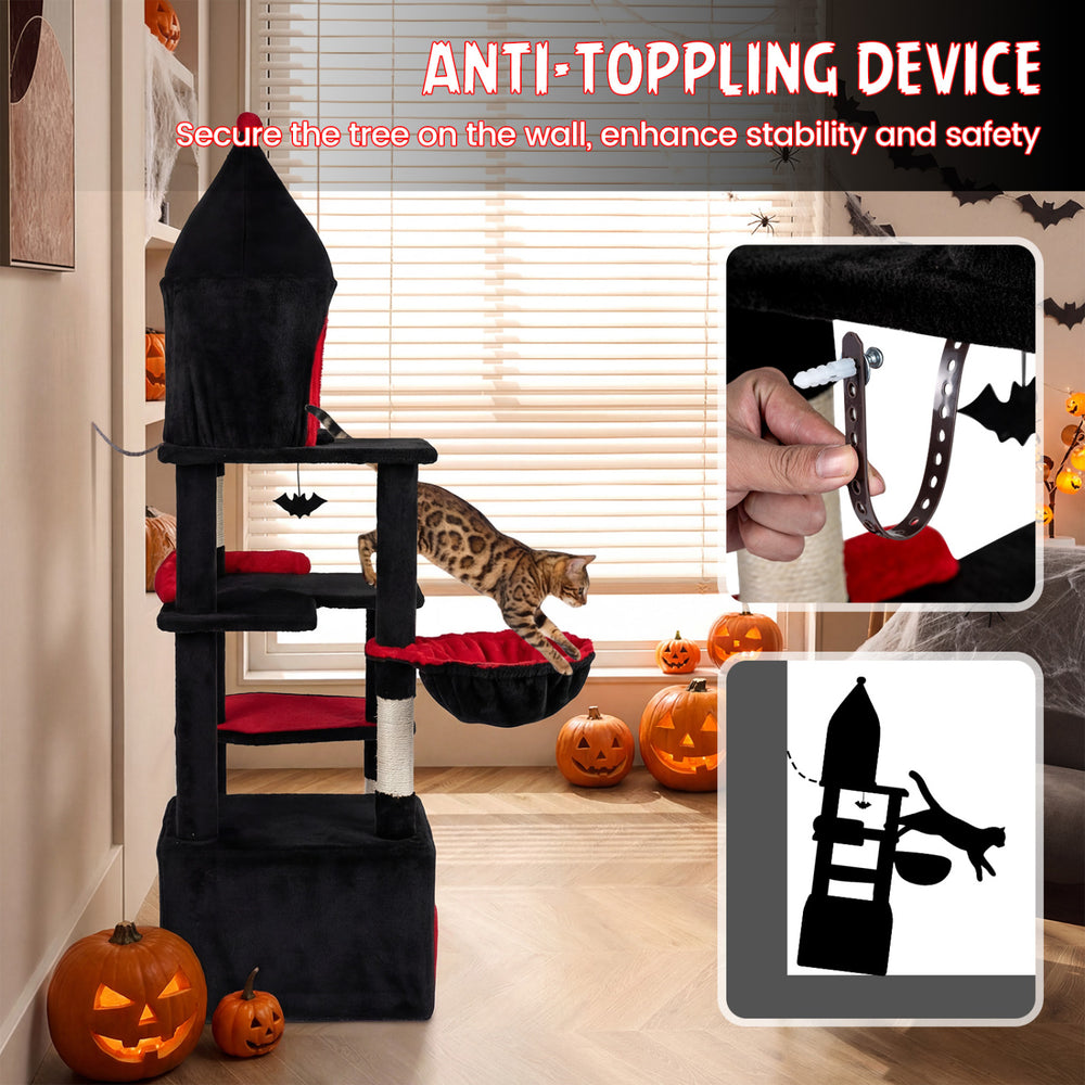 Gothic cat tree with anti-tipping device, black-and-red design, and cozy condo for large cats over 20 lbs.