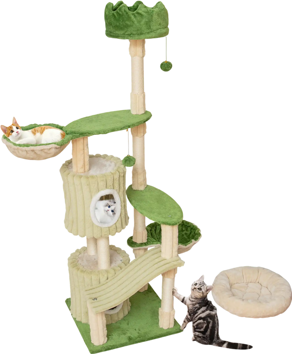 Multi-level 63-inch kitten tower in green with 2 condos, hammocks, and scratching posts for playful cats.