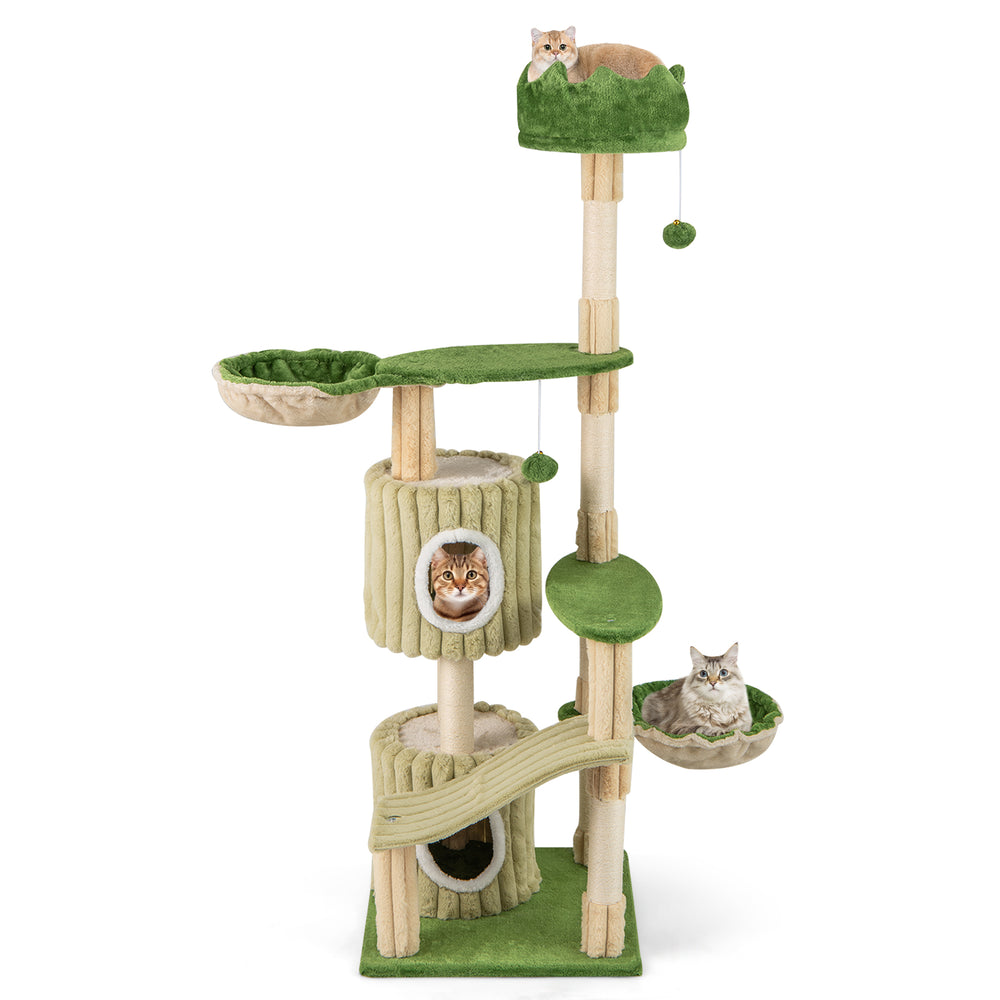 Multi-level 63-inch kitten tower in green with two condos, hammocks, and scratching posts for playful lounging.