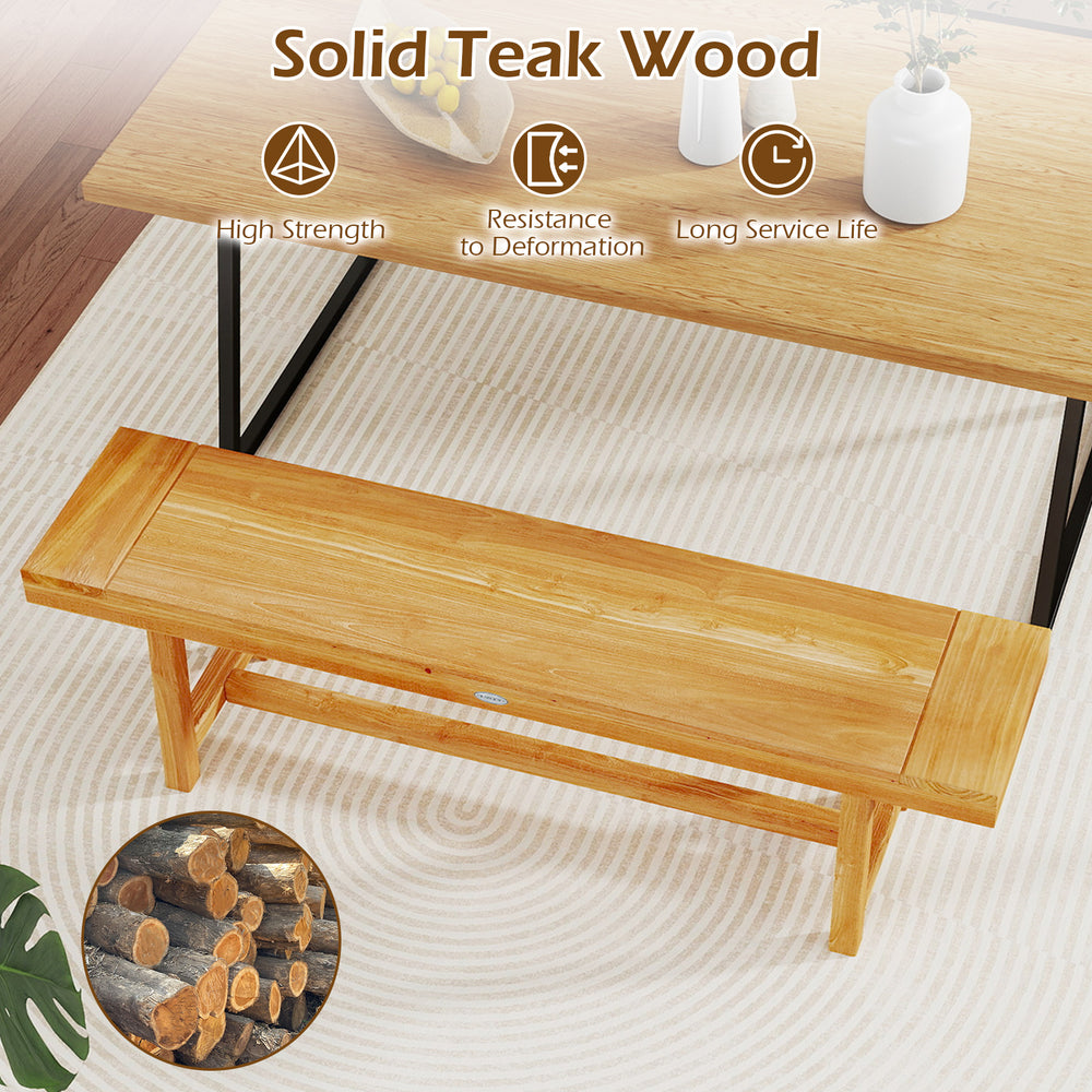 Solid teak wood bench, 63 inches long, comfortably seats 3 people, ideal for dining or entryway use.