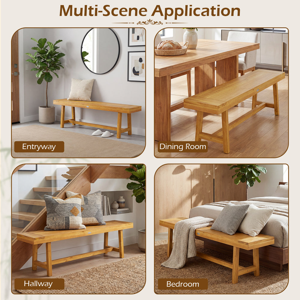 Solid wood bench in various settings, 63 inches long, ideal for dining, entryway, or bedroom use, showcasing natural.