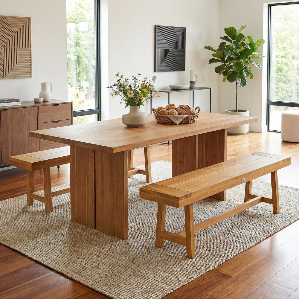 Solid wood bench made of teak, 63 inches long, seating up to 3 people, perfect for dining or entryway use.