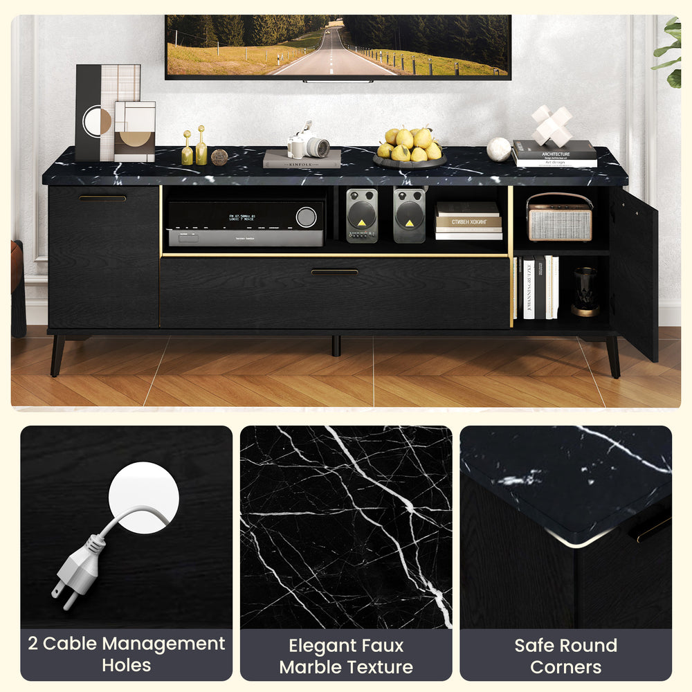 63-inch black TV stand with elegant faux marble texture, flip door cabinet, and cable management holes for organized.