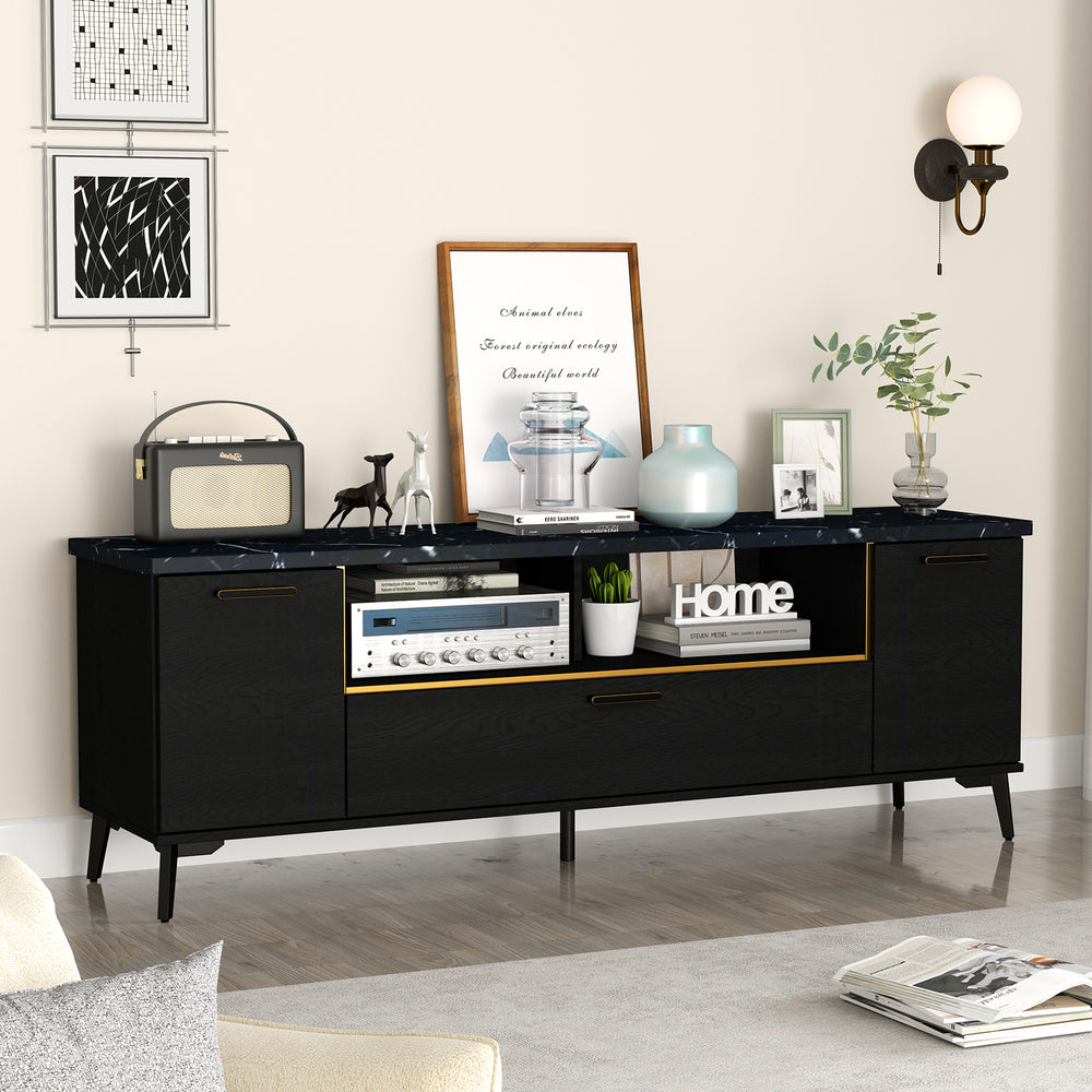 Black 63-inch TV stand with flip door cabinet, faux marble texture, and ample storage for TVs up to 75 inches.