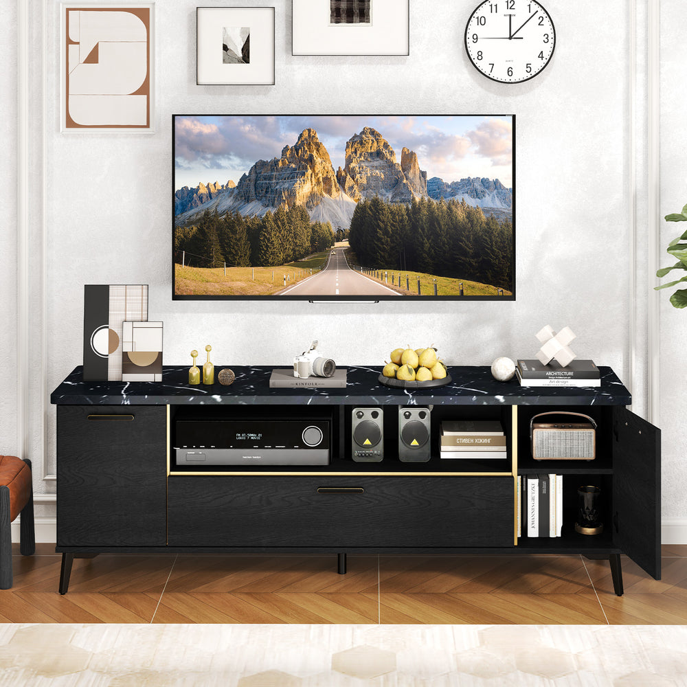 63-inch black TV stand featuring a spacious tabletop, flip door cabinet, and elegant faux marble design for modern.