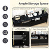 63-inch black TV stand with faux marble top, flip door cabinet, and adjustable shelves for organized media storage.