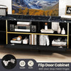 63-inch black TV stand with flip door cabinet, adjustable shelves, and elegant faux marble texture for TVs up to 75.