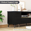 63-inch black TV stand with flip door cabinet, robust support legs, and elegant faux marble texture for organized media.