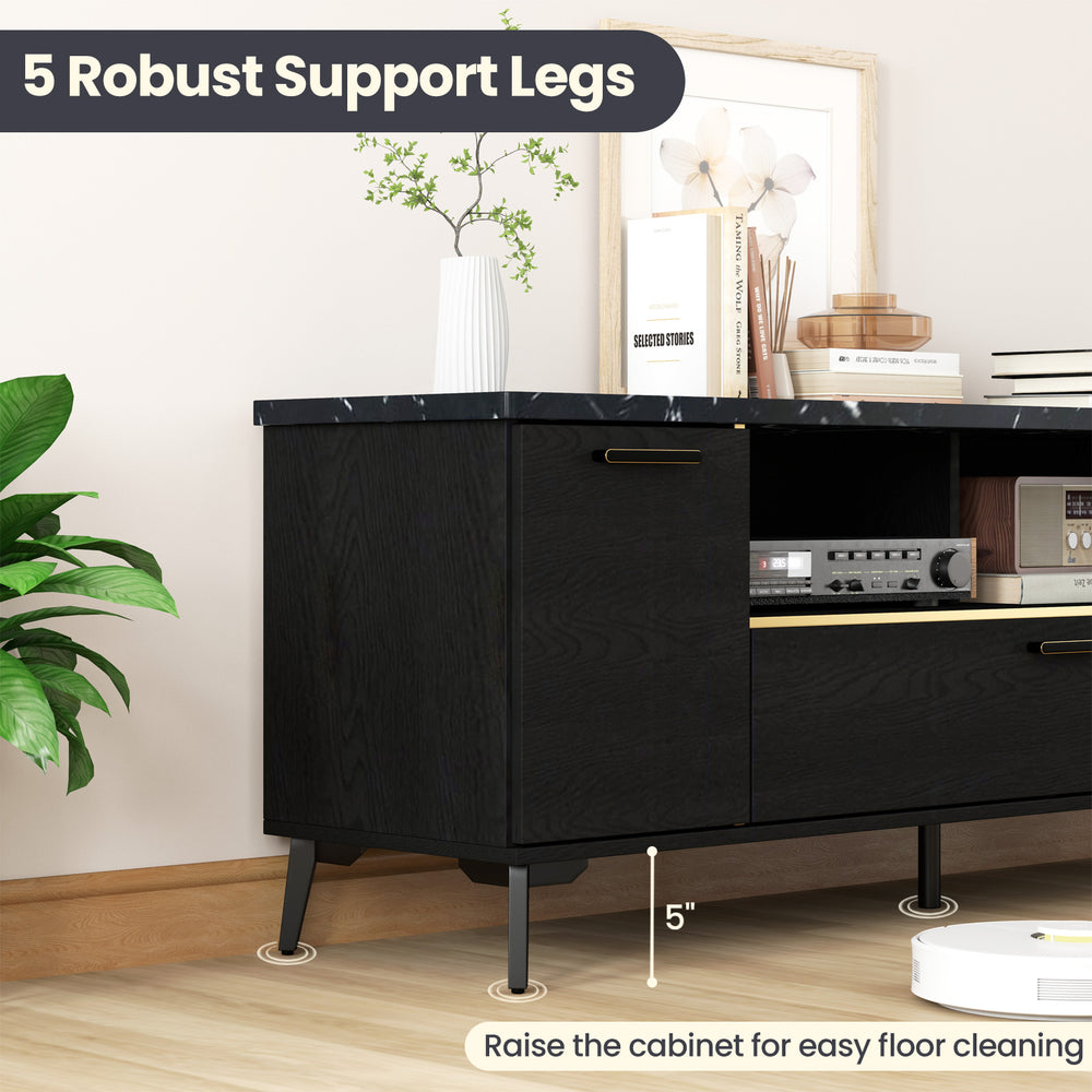 63-inch black TV stand with flip door cabinet, robust support legs, and elegant faux marble texture for organized media.