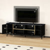63-inch black TV stand with flip door cabinet, faux marble texture, and adjustable shelves for TVs up to 75 inches.