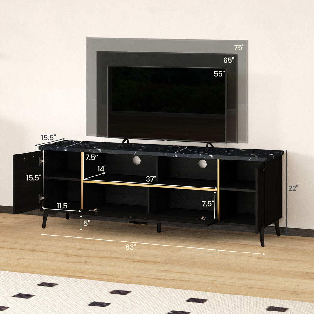 63-inch black TV stand with flip door cabinet, faux marble texture, and adjustable shelves for TVs up to 75 inches.