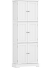 Tall white bathroom storage cabinet featuring six doors and three adjustable shelves for versatile organization.