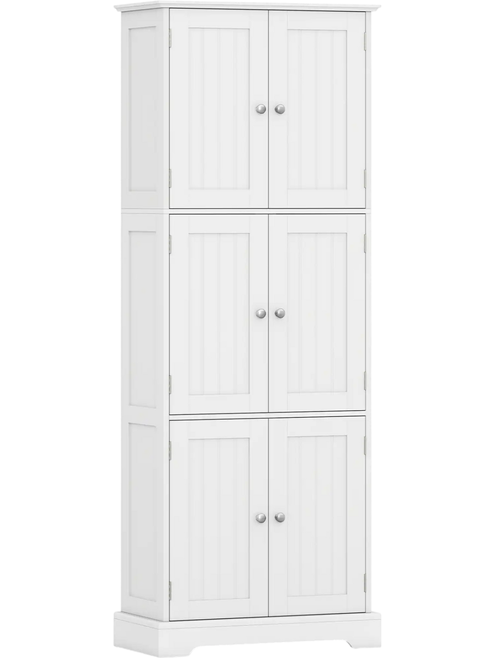 Tall white bathroom storage cabinet featuring six doors and three adjustable shelves for versatile organization.