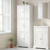 Tall white bathroom storage cabinet featuring 6 doors and 3 adjustable shelves for versatile organization.