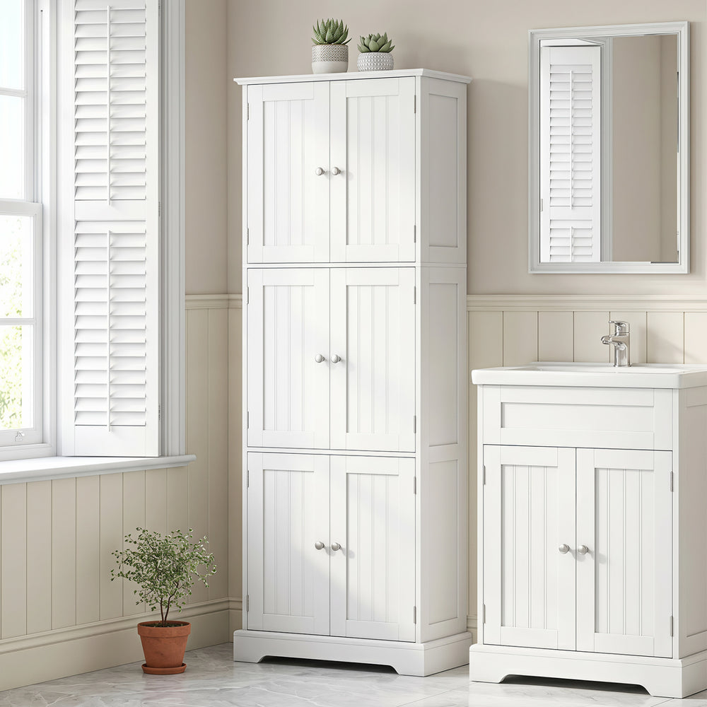 Tall white bathroom storage cabinet featuring 6 doors and 3 adjustable shelves for versatile organization.