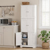 Tall white bathroom storage cabinet featuring 6 doors and adjustable shelves, ideal for organizing various spaces.