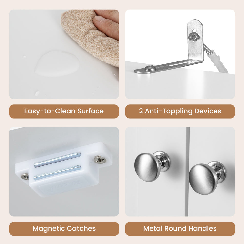 Features of the 63-inch tall white bathroom storage cabinet include easy-to-clean surface, magnetic catches, and anti-toppling devices.