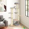 Modern 63-inch tall cat tree with wooden platforms, cozy hammock, and scratching posts for playful relaxation.