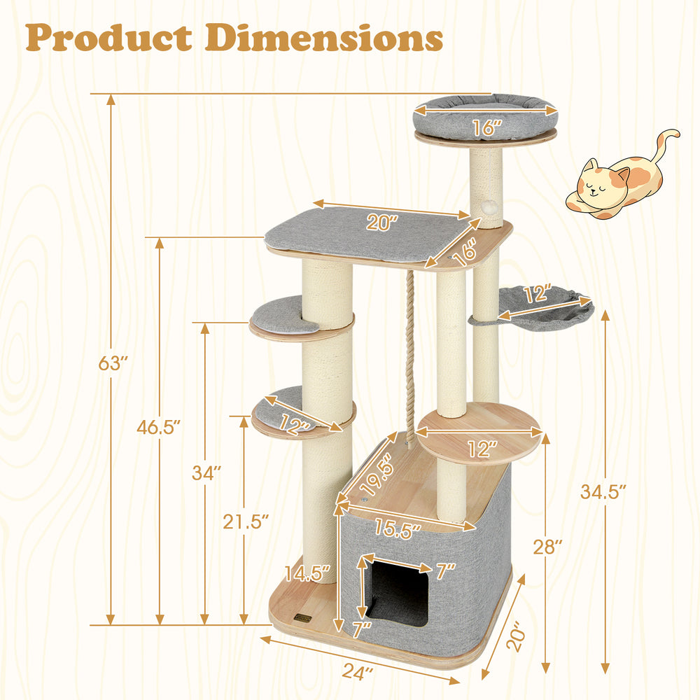 Dimensions of the 63-inch tall gray cat tree featuring multiple platforms, a condo, and scratching posts for active.