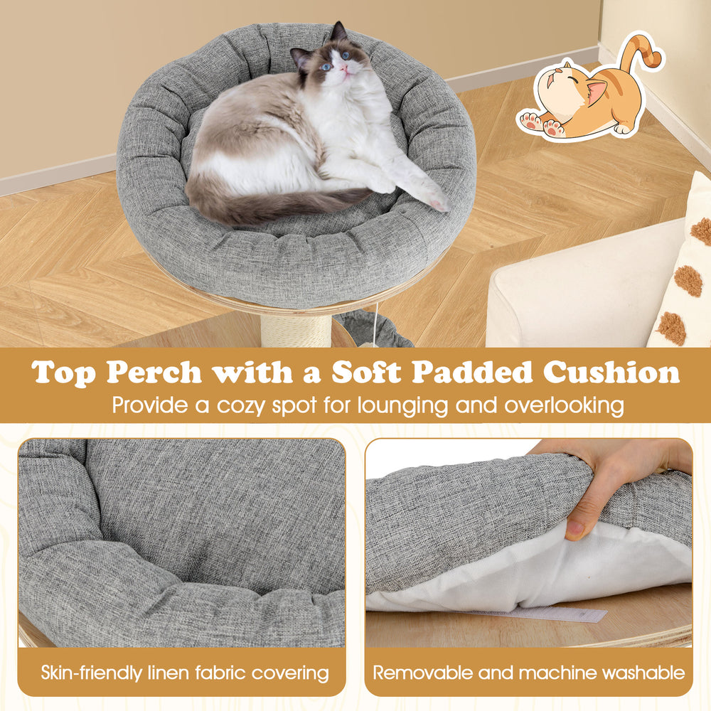 Top perch with a soft padded cushion in gray, perfect for lounging and overlooking in a modern cat tree.