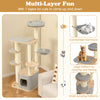 Multi-layer cat tree with cozy hammock, large platform, and scratching posts for climbing and resting in gray.