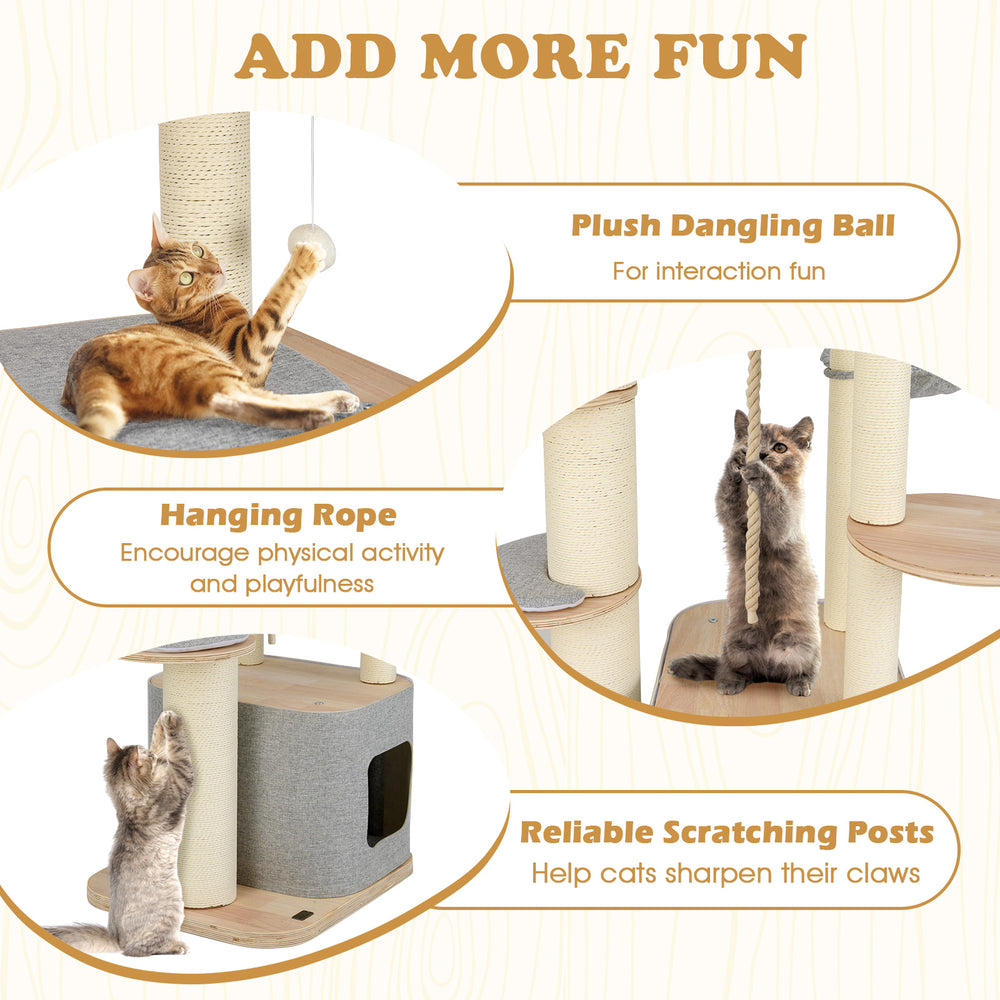 Plush dangling ball and hanging rope on a 63-inch tall gray cat tree for interactive play and physical activity.