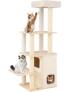 Tall wooden cat tree with plush top perch, 2-story condo, and multiple scratching posts for climbing and lounging.