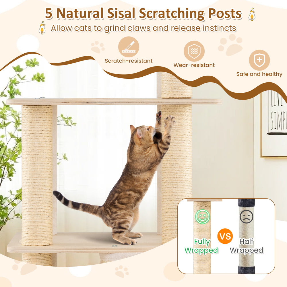 63-inch tall wooden cat tree featuring natural sisal scratching posts, cozy 2-story condo, and plush padded top perch.