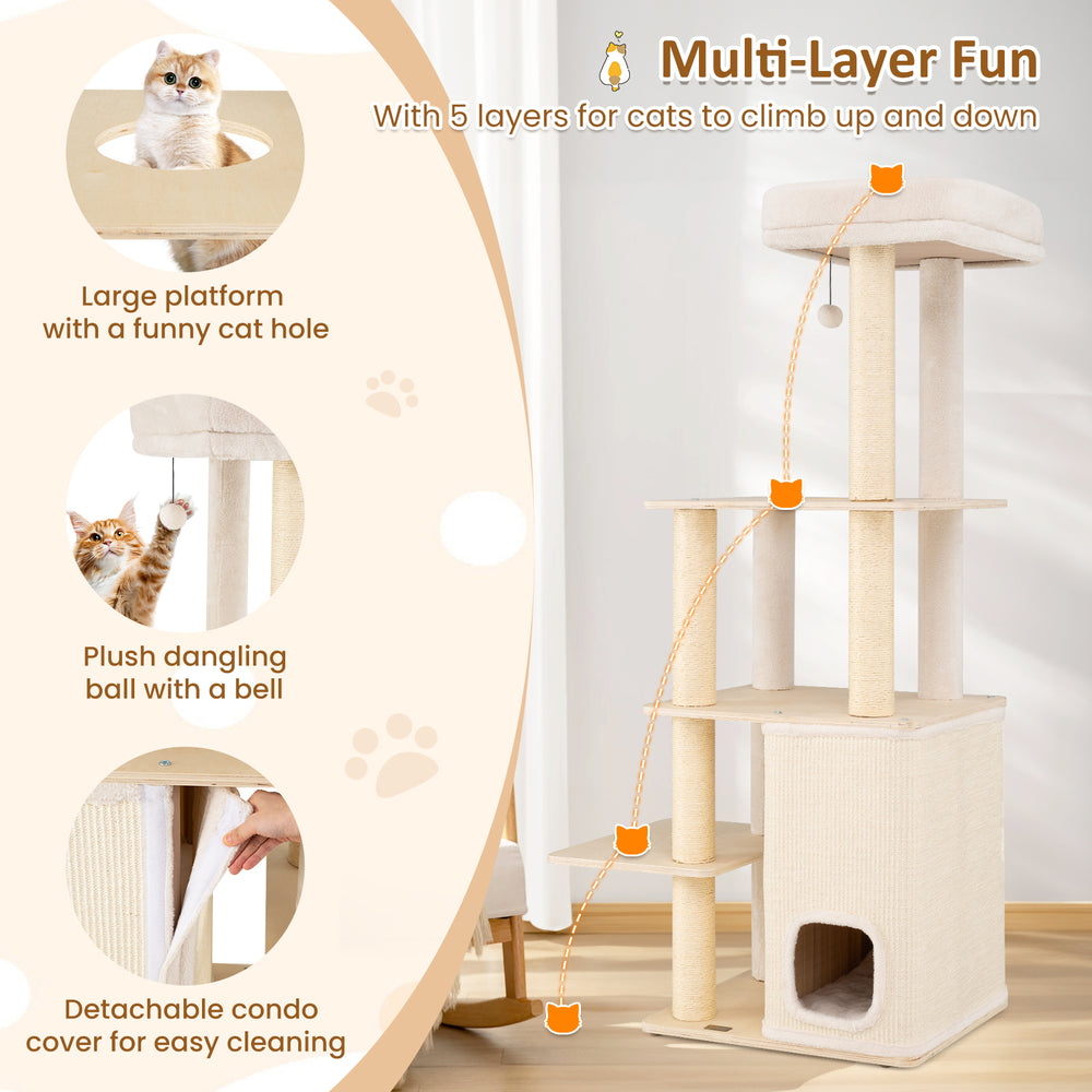 63-inch tall wooden cat tree with 2-story condo, plush top perch, and dangling ball for interactive fun and climbing.