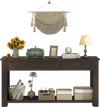 Espresso 63-inch farmhouse entryway table with 4 storage drawers and open shelf, perfect for narrow spaces.