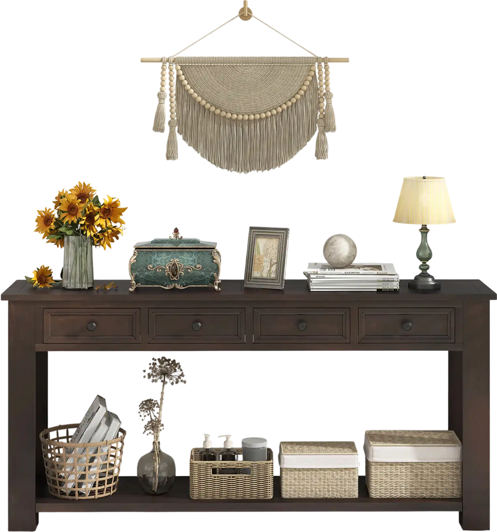 Espresso 63-inch farmhouse entryway table with 4 storage drawers and open shelf, perfect for narrow spaces.
