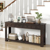Espresso 63-inch farmhouse entryway table with 4 drawers and open shelf, ideal for narrow spaces in hallways or living.