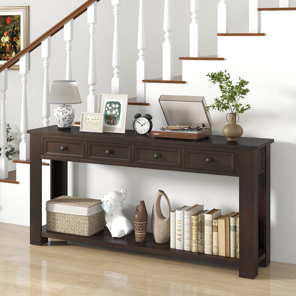 Espresso 63-inch farmhouse entryway table with 4 drawers and open shelf, ideal for narrow spaces in hallways or living.