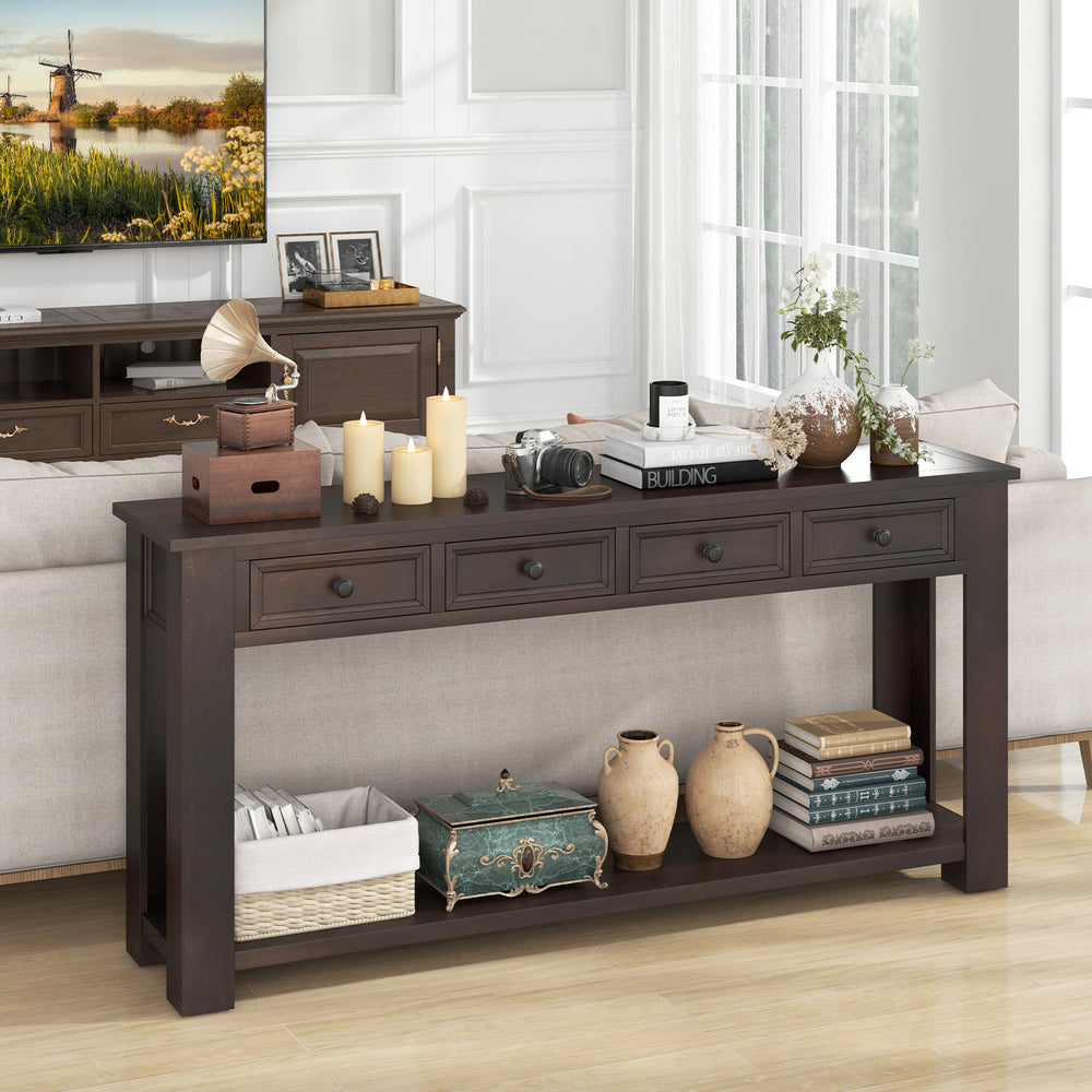 Espresso farmhouse entryway table with 4 storage drawers and open shelf, perfect for narrow spaces in living rooms or.