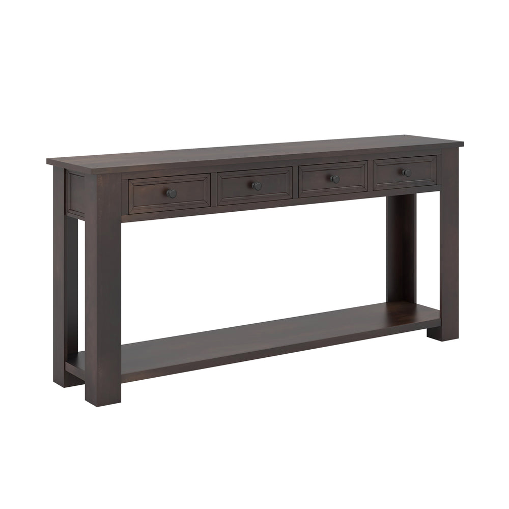 Farmhouse entryway table in espresso with 4 storage drawers and open shelf, ideal for narrow spaces in hallways.