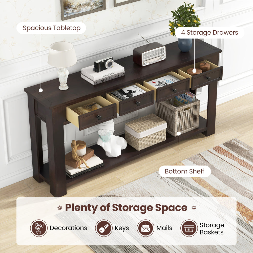 Espresso farmhouse entryway table with 4 storage drawers and open shelf, ideal for decorations and organization.