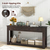 Farmhouse entryway table in espresso with 4 storage drawers and open shelf, featuring anti-tipping kits for safety.
