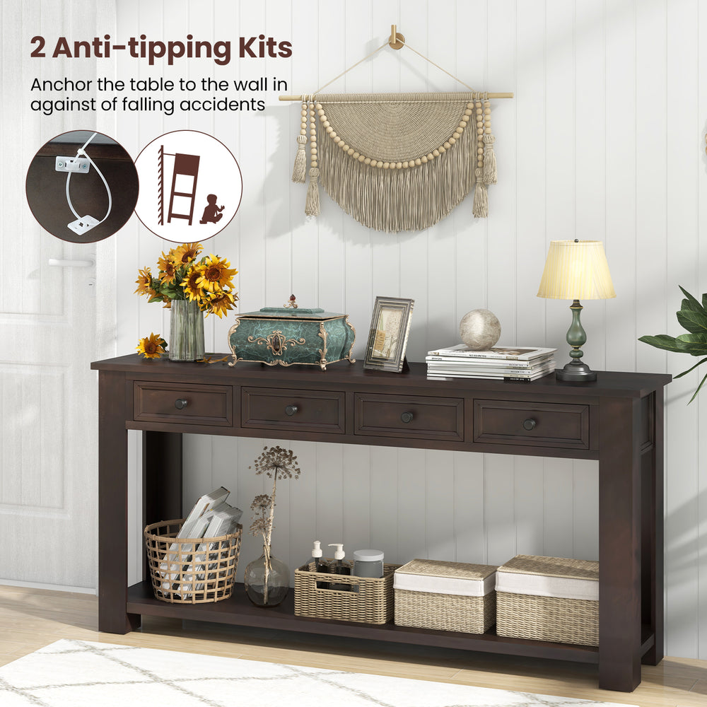 Farmhouse entryway table in espresso with 4 storage drawers and open shelf, featuring anti-tipping kits for safety.