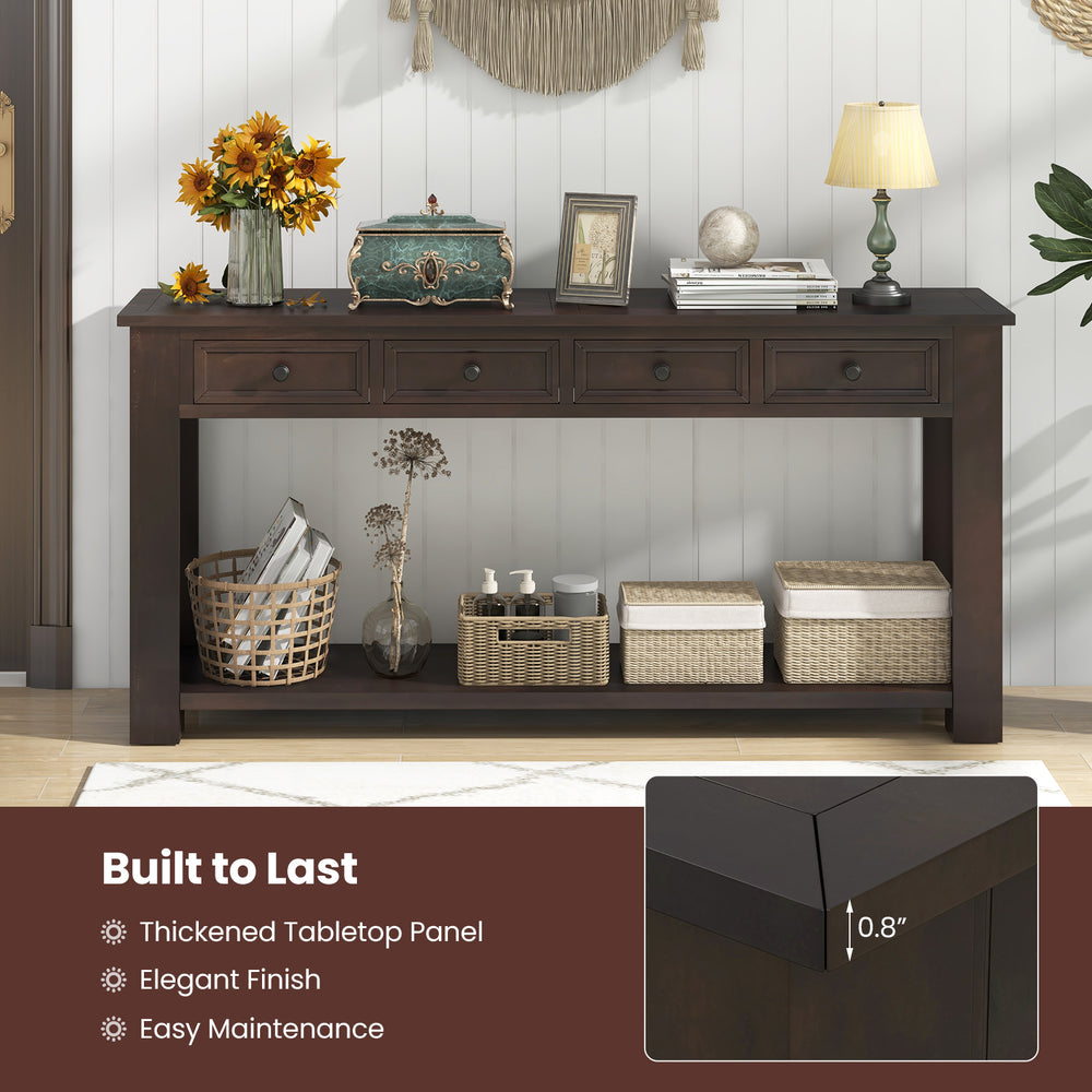 63-inch farmhouse entryway table in espresso with 4 storage drawers and open shelf, perfect for narrow spaces.