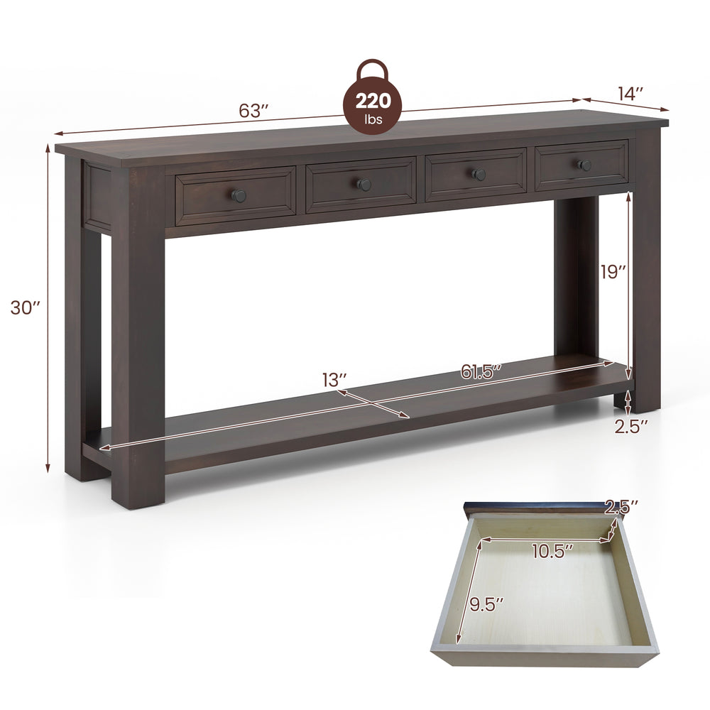 Espresso farmhouse entryway table displaying dimensions and features, including 4 drawers and an open shelf for storage.
