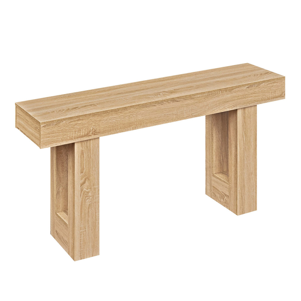 Console table with natural wood grain, 63 inches long, featuring sturdy legs and ample storage for entryway.