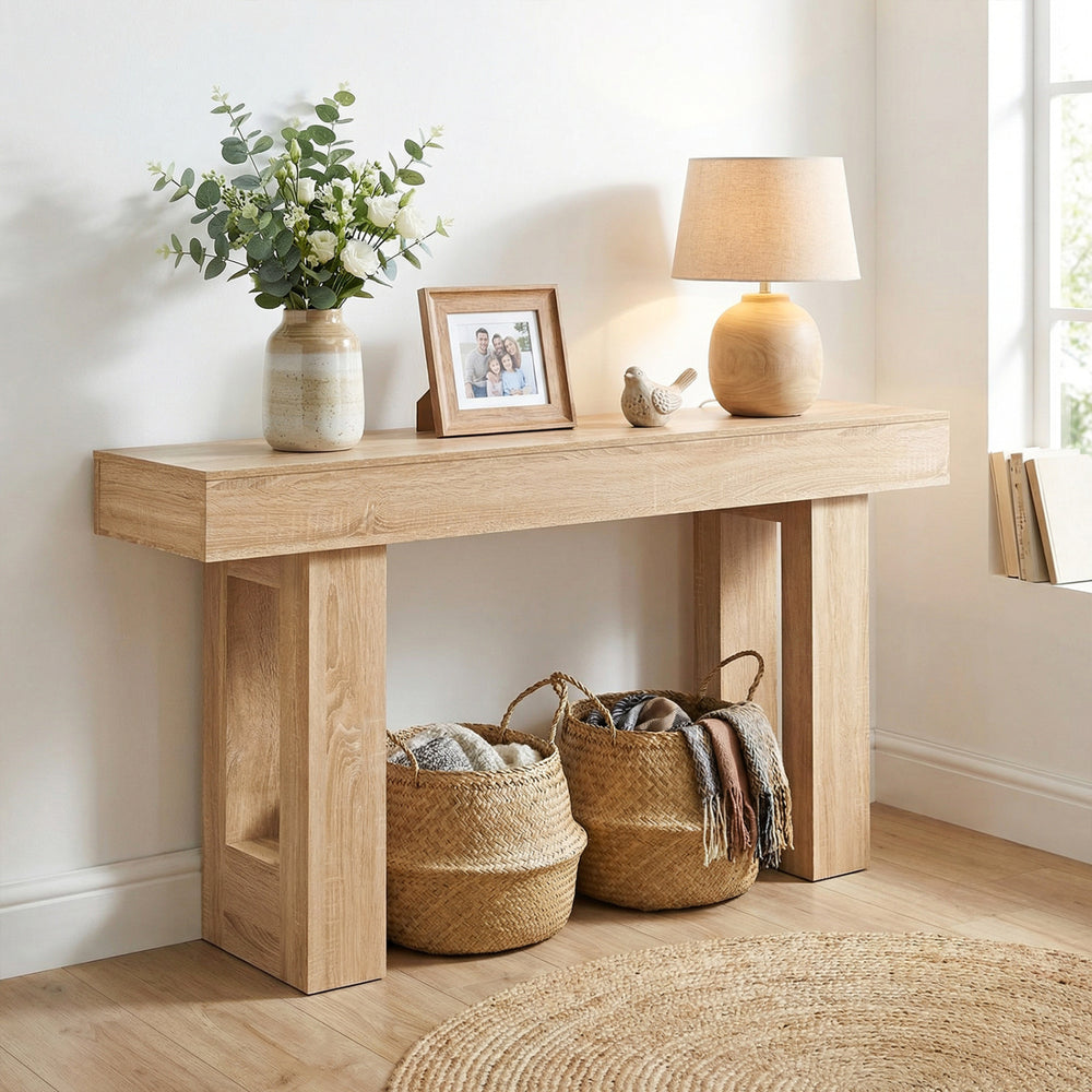 Natural wood console table with storage, 63 inches long, featuring a farmhouse style for entryway or hallway use.