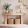 Natural wood 63-inch console table with storage baskets, perfect for farmhouse entryways and living spaces.