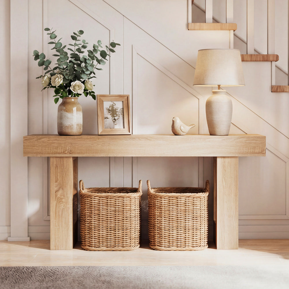 Natural wood 63-inch console table with storage baskets, perfect for farmhouse entryways and living spaces.