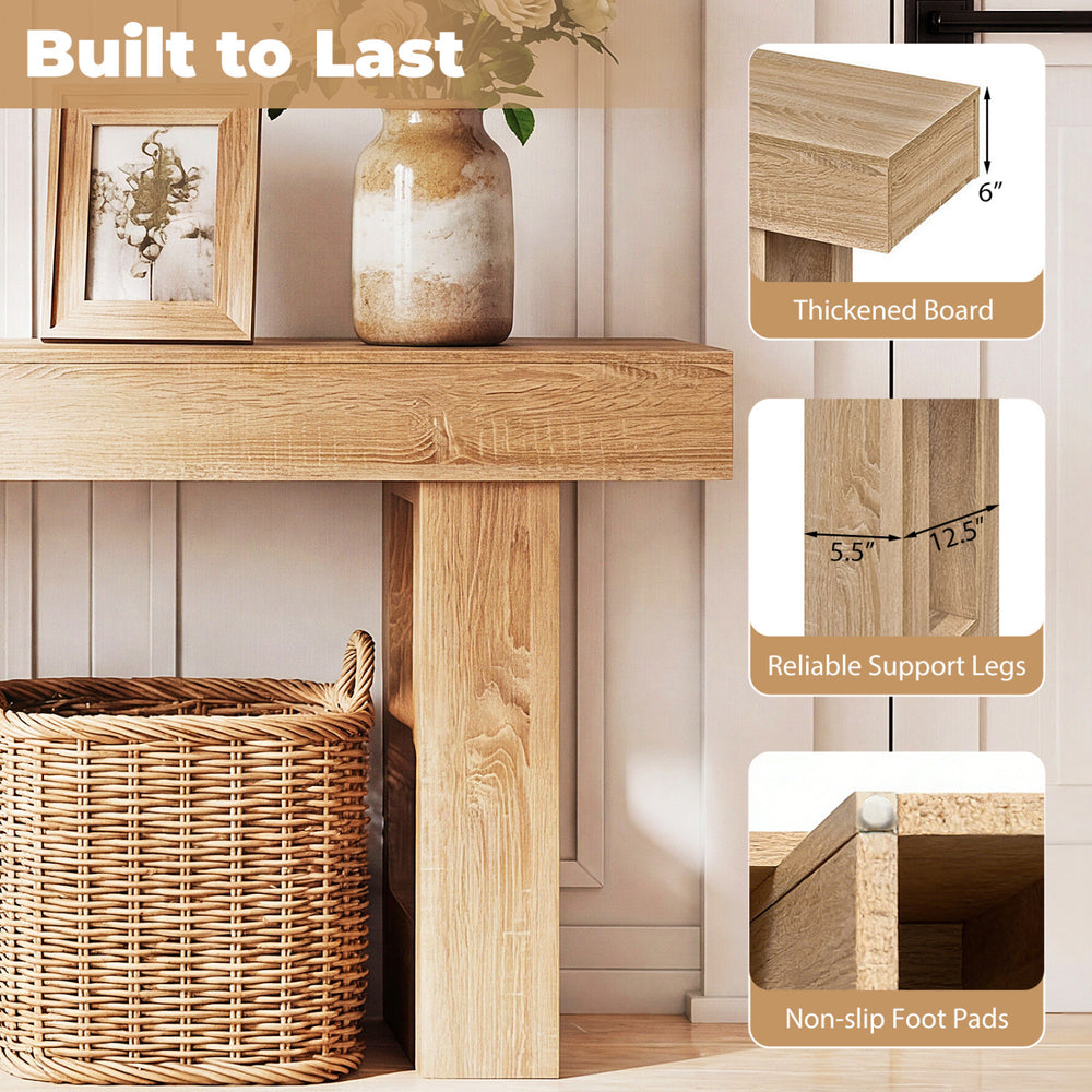 Natural wood grain console table with thickened board, reliable legs, and non-slip foot pads for entryway storage.