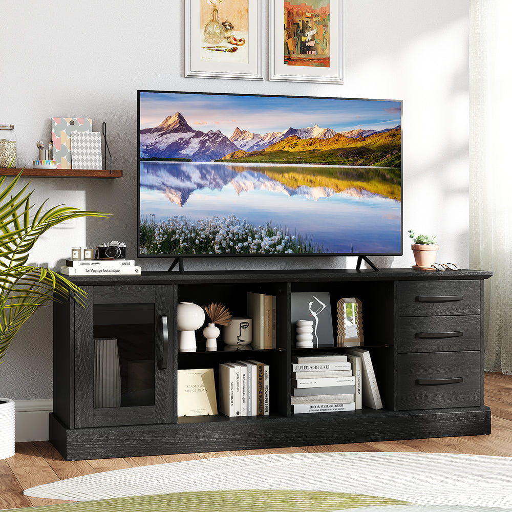 63 Inches Media Console Table with 3 Drawers and 2 Glass Shelves-Black - Gallery View 1 of 11